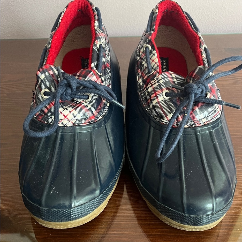 Sperry Navy and Red Plaid Duck Boots